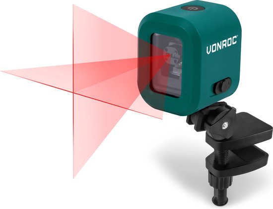 VONROC Cross Line Laser- Rouge - Batterie 4V - 1800mah - Nivellement automatique - Portée de 10 mètres - Support de montage, câble USB-C et sac de rangement inclus.