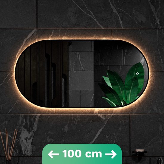 Mirlux Miroir de salle de bain avec éclairage LED et chauffage - Miroir mural ovale - Cadre noir - 100x50CM