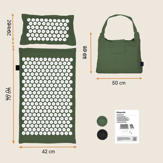 LifeGoods Acupressure Mat Eco - avec coussin - Shakti mat - Nail Mat Incl. 2x Trigger Point Ball and Carrying Bag - 72x43x2cm - Green/White