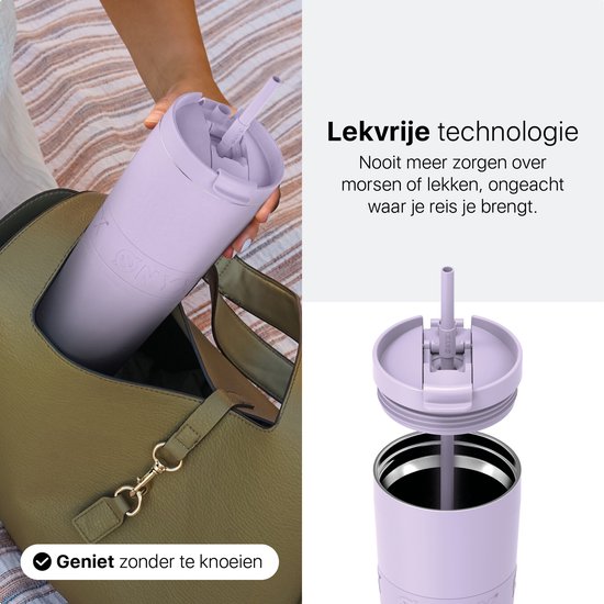 ONYX Bouteille à boire avec paille 700ML - Bouteille d'eau pour enfants et adultes - Mug Thermos Mug de voyage en acier inoxydable - Buvette de motivation - Tasse à boire pour l'école - Violet pastel