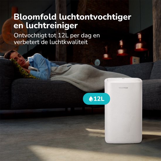 Bloomfold - Déshumidificateur et purificateur d'air - Capacité de 12 l et filtre HEPA - Avec minuterie et affichage LED - Pour un climat intérieur sain - Plastique blanc