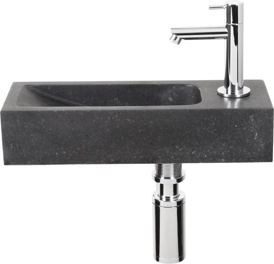 Differnz Fontaine Luxor - Evier en pierre naturelle - Noir - Robinet courbe - Chrome - Poignée standard - 38 x 14 x 8 cm