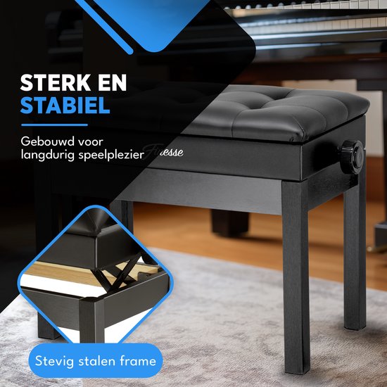 Finesse Premium Piano Bench - Hauteur réglable - avec rangement - Coussin souple - Tabouret de piano - Chaise de piano - Noir