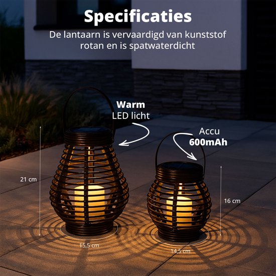 FlinQ Solar Bottassano Lampe de table pour l'extérieur - Lanterne de jardin à Led solaire - Lanterne de jardin avec capteur jour/nuit - Eclairage de jardin solaire - Eclairage d'extérieur - Lot de 2 lanternes