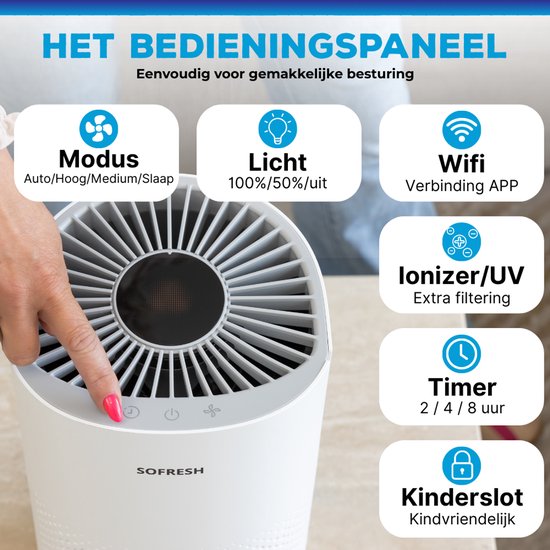 Sofresh - Purificateur d'air avec application - Pour les pièces jusqu'à 30 m² & système de filtration 6 en 1 - Équipé d'un filtre Hepa et d'un indicateur de qualité de l'air - 195 x 195 x 388 mm - Plastique blanc