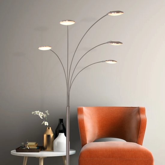 Lampadaire Synna 1327ST - Lampe à arc LED orientable et dimmable en acier et verre, Design moderne, Mexlite, avec 5 sources lumineuses (4,5W) et cordon de 235 cm