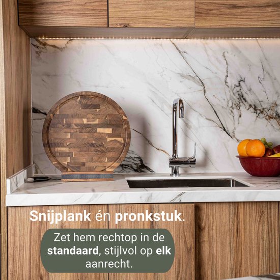 VDN Professional Cutting Board Round Acacia Wood with Juice Trench and Handles - Anti-slip Chopping Board with Holder Set - Chopping Block Headwood Ø 38 x 3.8 CM