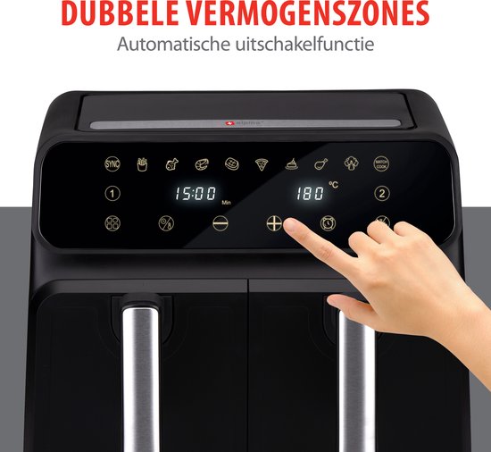 alpina Double Airfryer XL 8L - Friteuse à air chaud pour 4 à 8 personnes - Capacité 2x4L - Affichage digital - Friteuse à air 1700 W - Fonction Sync Finish - Noir