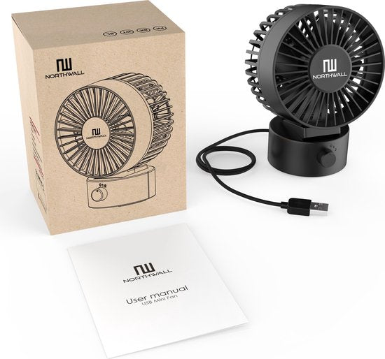 Northwall Mini ventilateur USB - Ventilateur de table noir - Mini ventilateur silencieux - Ventilateur de bureau rétro - Petit, silencieux et silencieux - Deux moteurs - inclinable - 2 vitesses