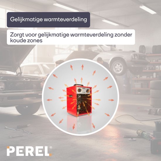 Perel Chauffage électrique à ventilateur 3300W, 2 niveaux de chaleur, thermostat et mode refroidissement, IP24, avec protection contre la surchauffe, chauffage portable compact pour l'atelier, le garage, la salle de loisirs