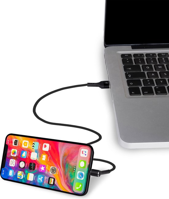 Câble USB Grundig - USB-A vers Lightning - Compatible avec iPhone et iPad - 3-en-1 : Chargement, Synchronisation et Support de téléphone - 1 Mètre - Noir
