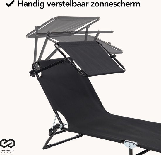 Infinity Goods Ligbed Met Zonnescherm - Opvouwbaar - Set van 2 - Zonnebed - Ligstoel - Verstelbaar - Tuin - Weerbestendig - Zwart