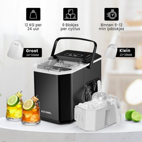 Kicinn Machine à glaçons - Machine à glaçons - Machine à glaçons - Cuillère à glaçons - 12kg/24h - Fonction auto-nettoyante - Noir