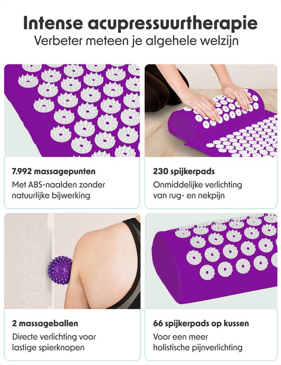 LifeGoods Tapis d'acupression avec coussin - Tapis Shakti - Tapis pour ongles avec 2 balles pour points de déclenchement - 66x40x2cm - Violet/Blanc
