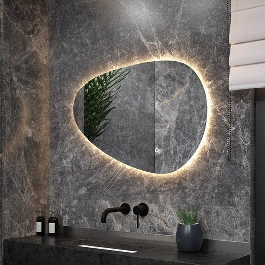 Mirlux Miroir de salle de bain avec éclairage LED - Miroir mural asymétrique - Forme organique - Miroir de douche anti-condensation - Miroir mural 90x60CM