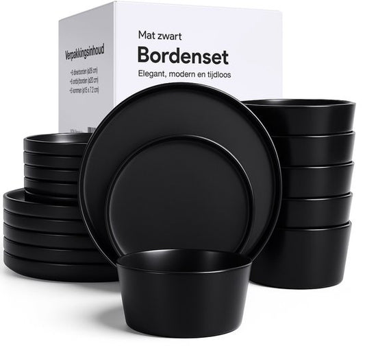 Luft Service de table 6 personnes - Service d'assiettes - Bols - Assiettes plates - Moderne - Faïence massive, céramique - Noir mat - 18 pièces