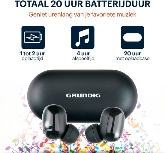 Grundig Wireless Earbuds - Ecouteurs Bluetooth 5.3 - Ecouteurs avec cassette de recharge - Autonomie jusqu'à 20 heures - Rechargeable par USB-C - Contrôle tactile et appels mains libres