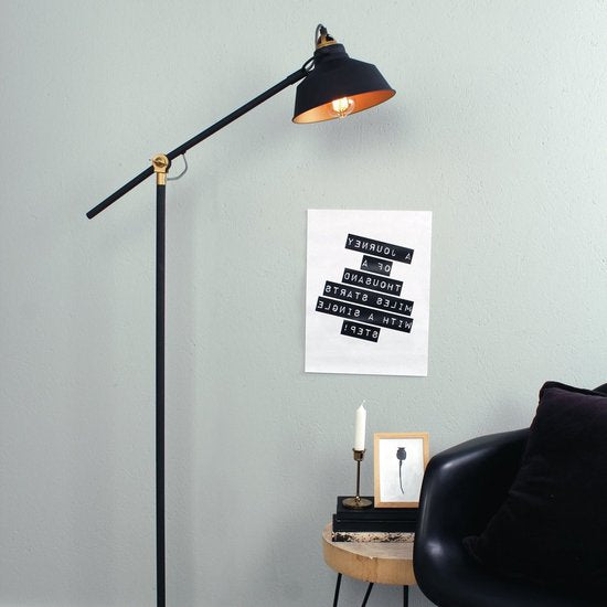 Lampadaire noir Nove 1322ZW - Lampe industrielle pivotante et inclinable avec détails dorés, prise E27, métal et plastique - Mexlite