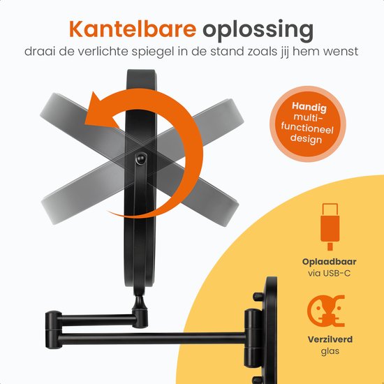 Goliving Miroir de maquillage avec éclairage - Ø25 cm - grossissement 10x - miroir de maquillage graduable - miroir de rasage - éclairage LED - rechargeable par USB-C - double face - 27 x 27 cm - noir