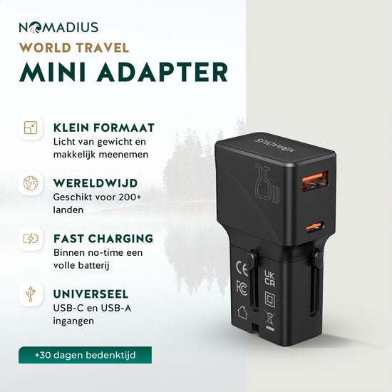 Adaptateur prise universelle - Nomadius - Chargement rapide - Prise de voyage universelle - 1 USB-C et 1 USB - 200+ pays - Noir