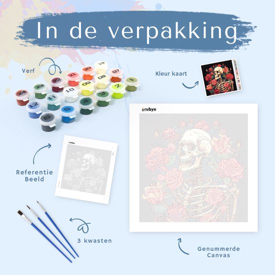 Rubye® Peinture à numéro adultes - Peinture à numéro enfants - Squelette et roses - peinture et pinceaux inclus - Toile à peindre - Couleurs à numéro - 30x30cm