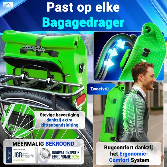 Nextcover 3in1 Bicycle Bag Single for Carrier [PVC free] | Waterproof Bicycle Bag, Backpack and Shoulder Bag 25L | Ideal for Laptop and Weekly Purchases | Bicycle Bag Single | Bicycle Bags