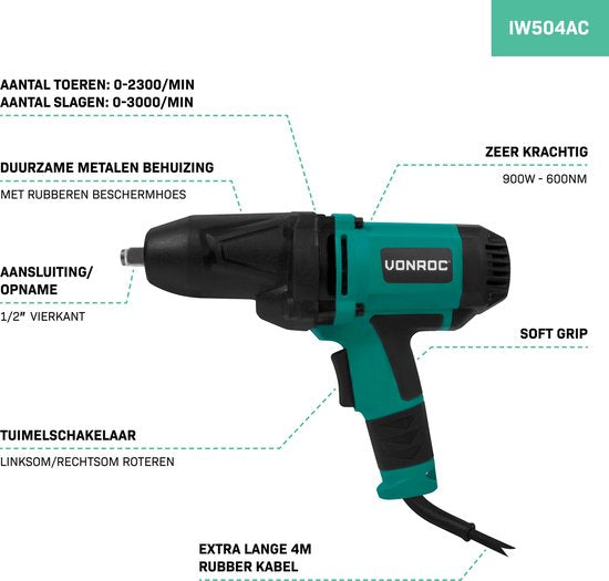 VONROC Clé à chocs 950W - 600Nm - Prise 1/2" - 4 douilles pour écrous incluses - Câble 4m - Poignée souple - convient pour le changement de pneus