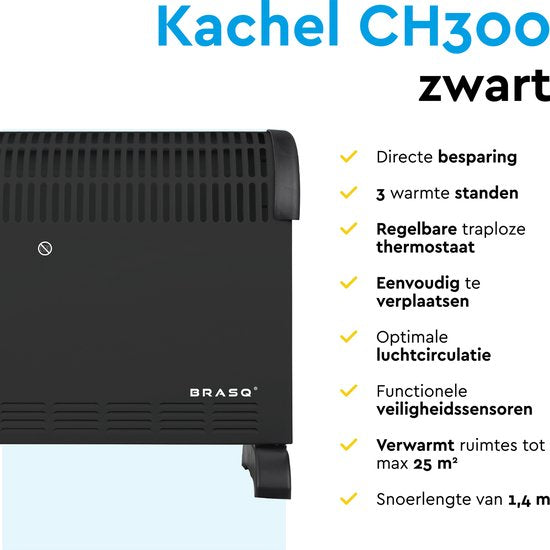 BRASQ Radiateur convecteur électrique - Thermostat réglable - Radiateur électrique - 750/1250/2000 watts - Chauffage - Noir