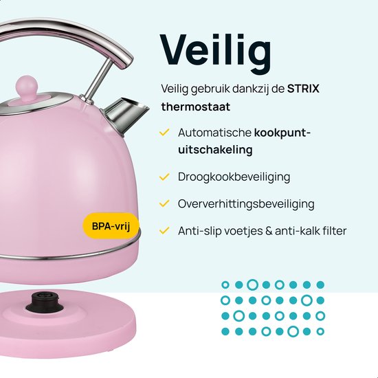 MOA Kettle Retro - 1,8 litre - Bouilloire électrique - Filtre anti-calcaire - sans BPA - acier inoxydable - 2200W - rose pastel