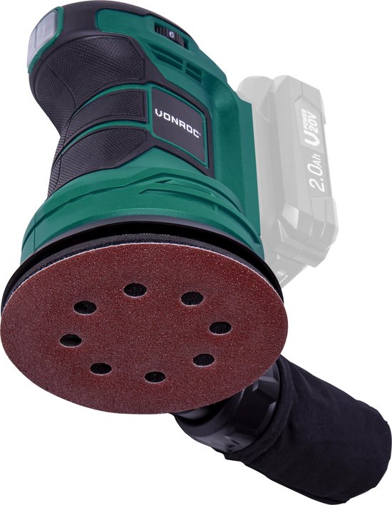 VONROC Random Orbit Sander - VPower 20V - Sans batterie ni chargeur - Ø125mm - Avec sac à poussière et 12 morceaux de papier de verre
