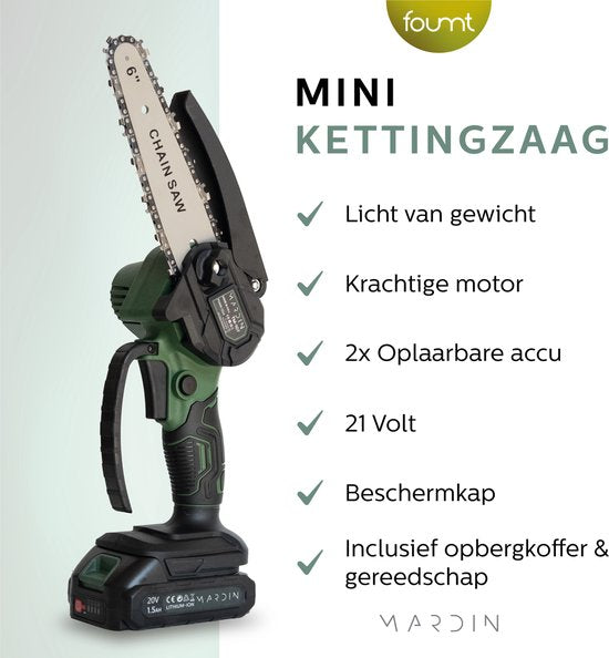Mini tronçonneuse Mardin - Scie à branches électrique - Scie d'élagage - Scie à bois - Scie à main - Scie à arbre - Taille-haie - 2 piles - Coffret de rangement - Vert