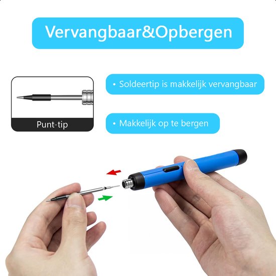 Tech Essentials Fer à souder sans fil - 8W - USB-C - Avec étain - Kit - Soudure fine - Stylo - Batterie - Set de soudure - Souder - Outil électrique - Bleu