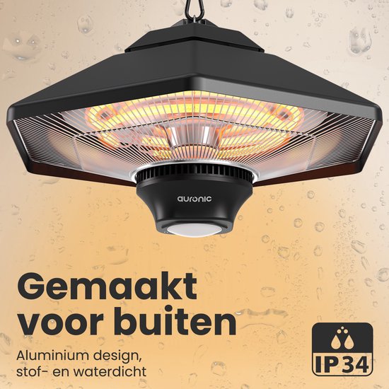 Auronic Terrace Heater - Chauffage infrarouge - Suspendu - 20m2 - Electrique - 2000W - Télécommande - 3 niveaux - Noir