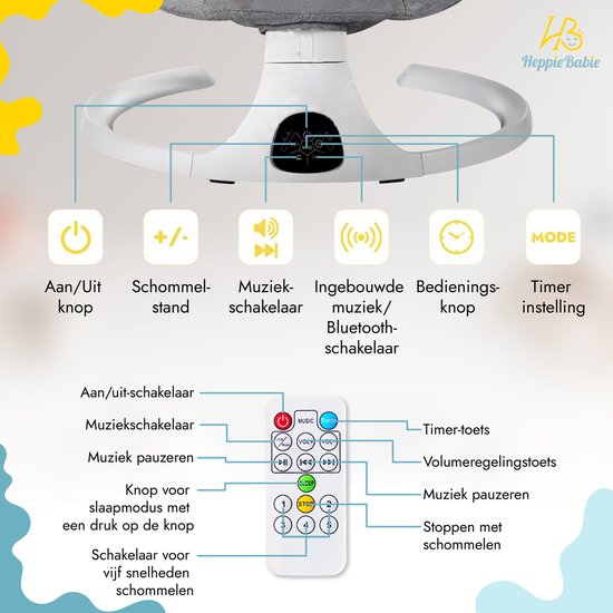 HeppieBabie Balançoire électrique - Options de musique et de balancement - Ceinture de sécurité à 5 points - Balançoire pour bébé - Balançoire pour bébé - Avec Ebook