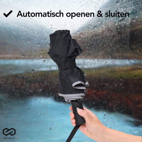 Infinity Goods Stormparaplu - Paraplu - 140 km/u - Reflecterend - Ø 107 cm - Automatisch Uitklapbaar - Beschermhoes - Zwart