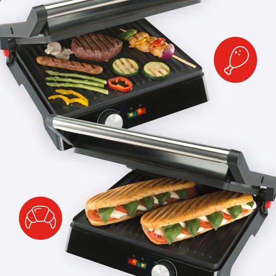 Bourgini Contact Grill Classic - Gril à panini et fer à griller - Revêtement antiadhésif - Couvercle flottant - Appareil à griller - Gril de contact - Acier inoxydable - Sans BPA