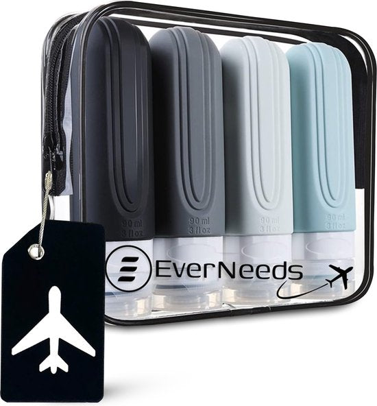 EverNeeds Bouteilles de voyage avec étui - rechargeables - Bouteilles de voyage en silicone pour bagages à main - gris - 4 pièces