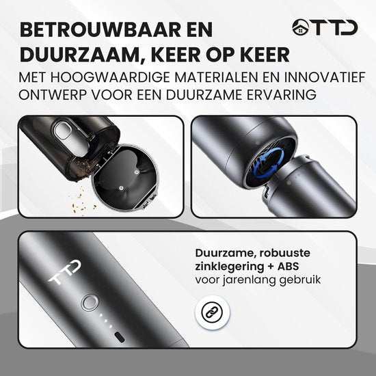 TTD® Premium Auto Vacuum Cleaner Cordless and Rechargeable - 17,000 Pa - Handheld Vacuumer - Blow & Suck - Heat Resistant - Compact design - With HEPA filter