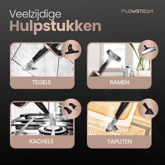 FLOWSTEAM® Deluxe Steam Cleaner - 13 accessoires - vapeur à 120° - nettoyeur de tapis - nettoyeur de taches - sèche-mains - cordon de 5 m - 2 lingettes microfibres incluses