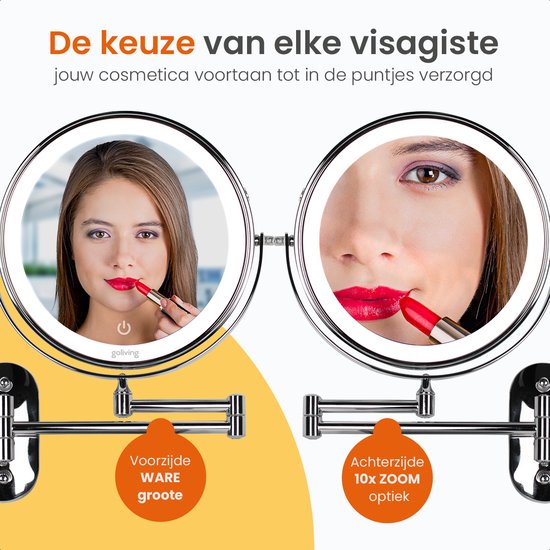 Goliving Miroir de maquillage avec éclairage - Ø25 cm - grossissement 10x - miroir de maquillage graduable - miroir de rasage - éclairage LED - rechargeable par USB-C - double face - 27 x 27 cm - chrome