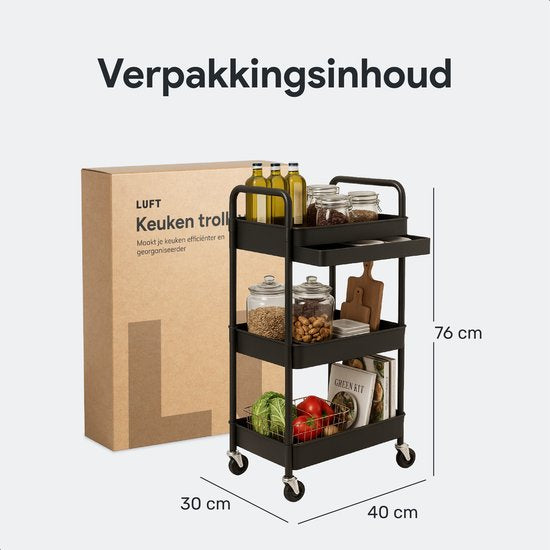 Chariot de cuisine avec tiroir sur roulettes - 3 étages - Étagère de cuisine - Chariot de service - Armoire - Chariot - Rangement - Armoires de douche sur pied - Étagère - Noir - Luft