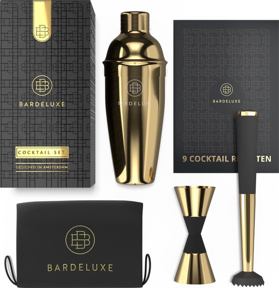 BarDeluxe® Cocktail Set - 3 pièces 750 ml Cocktail Shaker with Jigger & Stamper - Includes Dutch Recipe Book - Luxury Gift - Gold