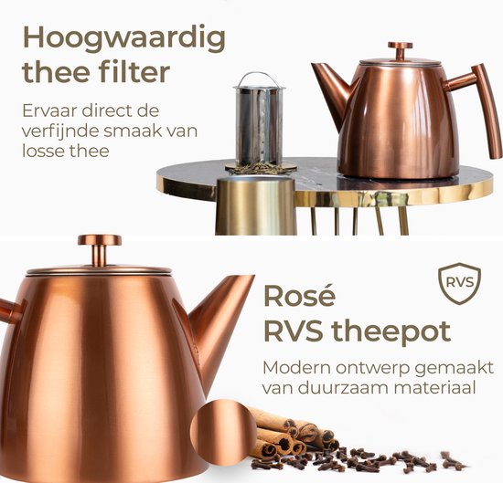 Vaja® Théière Juliette Rosé - Double paroi - 1 litre - Théière en acier inoxydable avec filtre et porte-bouillon