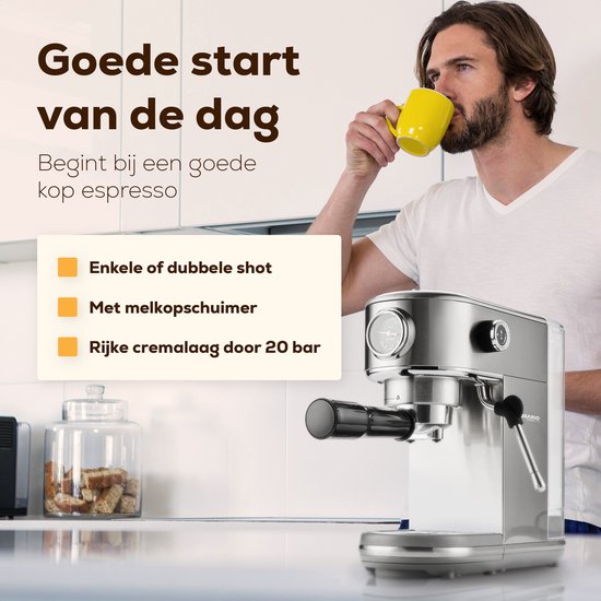 KitchenLove Piston Machine - Machine à espresso en acier inoxydable - 20 Bar - Manuelle - Avec buse vapeur