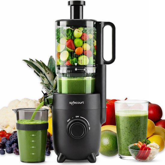 Safecourt Kitchen Slow Juicer - moteur puissant [technologie de pré-coupe et de pression à froid] - nettoyage facile - sans BPA - presse-agrumes Noir