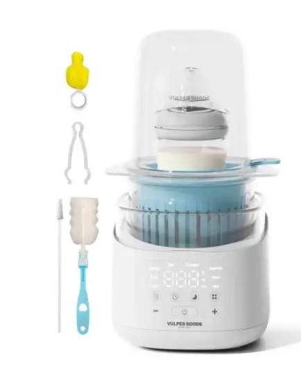 Vulpes Goods® - Chauffe-biberon PRO V2 - 10 en 1 - Fonction de stérilisation, veilleuse, fonction de maintien au chaud pendant 24 heures et minuterie - Pour toutes les marques de biberons et de pots - Plastique de luxe blanc et bleu doux sans bisphénol A