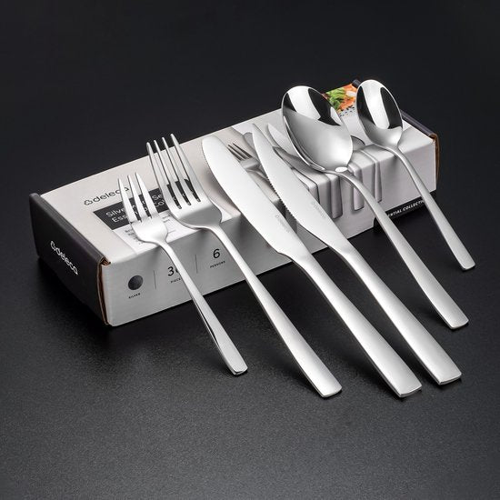 Deleca 6 Person Cutlery Set Essential (36 pieces) - Spoons, Knives, Forks, Steak Knives & Pastry Forks - Coutellerie lavable au lave-vaisselle - Shiny Silver / Stainless Steel