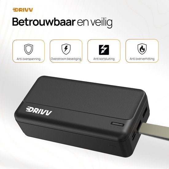 Drivv. Powerbank 30 000 mAh - Chargeur rapide 22,5 W - USB 3.0 - USB-C - Micro USB - Noir