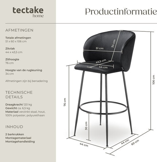 tectake® - Lot de 2 tabourets de bar Luana - Tabouret de bar rembourré avec dossier - Tabouret de bar avec repose-pieds - Chaise de salle à manger avec revêtement en velours - Pieds en acier robuste avec protection antidérapante du sol - Noir/noir