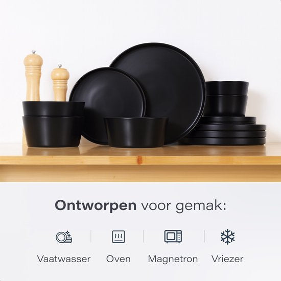 Luft Service de table 6 personnes - Service d'assiettes - Bols - Assiettes plates - Moderne - Faïence massive, céramique - Noir mat - 18 pièces